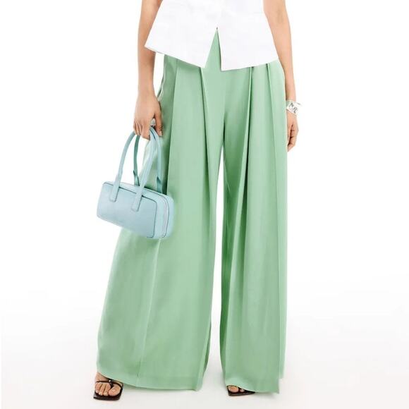 Boss Pants - Boss Tetosta Trousers Relaxed Tailored Fit Pleated Wide Leg Pants Satin Green 10
